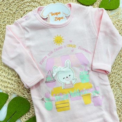 Kit 3 Peças - Bodys Manga Longa Flores Que Fazem O Coração Florescer - Rosa, Off White e Rose